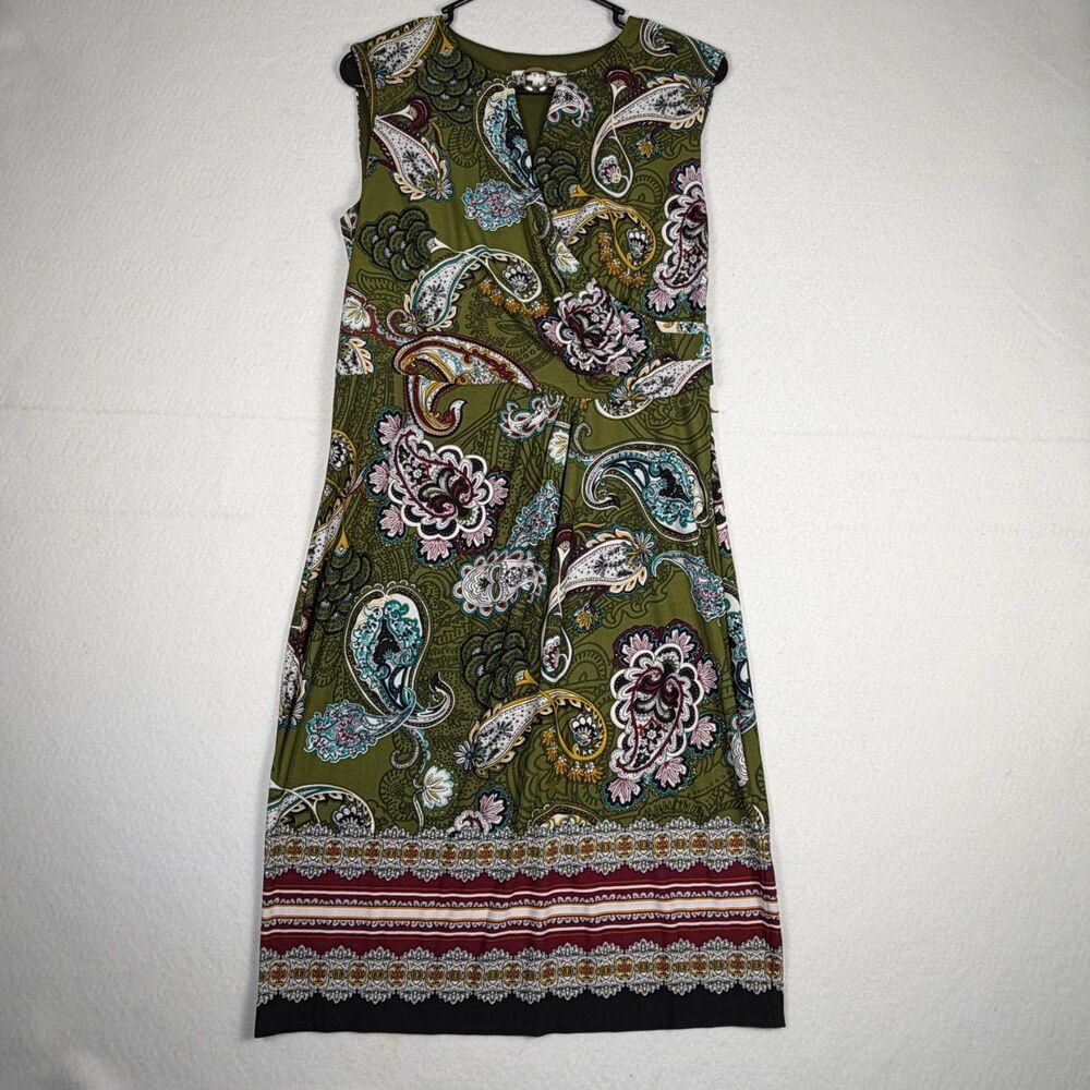 Sandra Darren Paisley Shift Dress Size 6 Olive Green Sleeveless Boho Midi